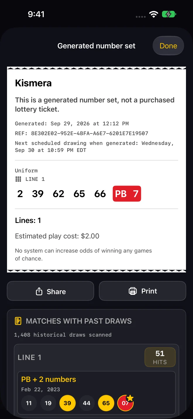 A generated number set in Kismera, with Share, Print, and matches with past draws.