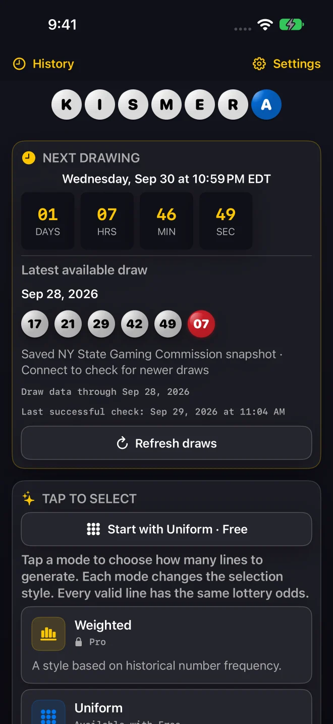 Kismera home screen with a drawing countdown, dated historical results, and selection modes.
